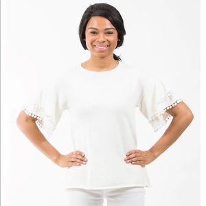 Two Bees Cashmere Misha Ivory Tee Pom Pom Detail Small